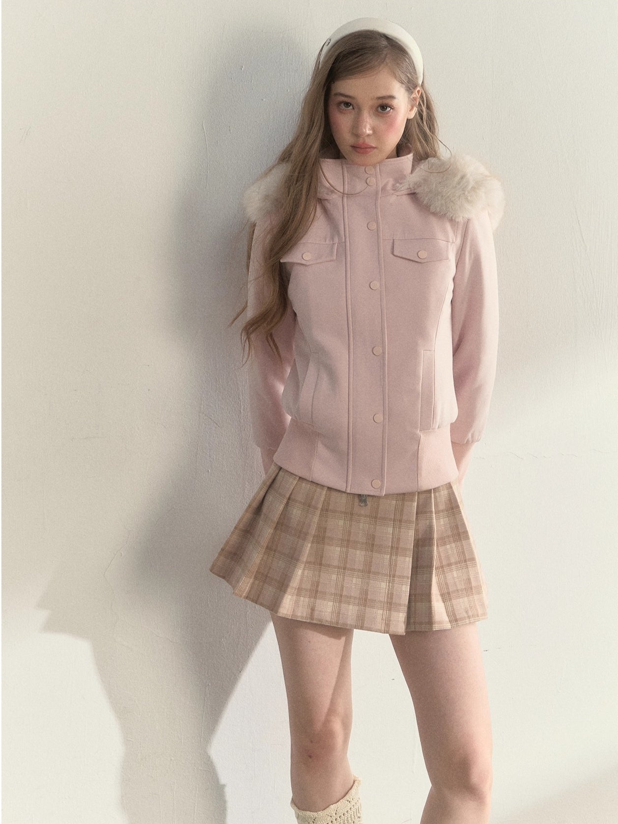 Vintage Plaid Wool Leather Buckle Pleated Skirt