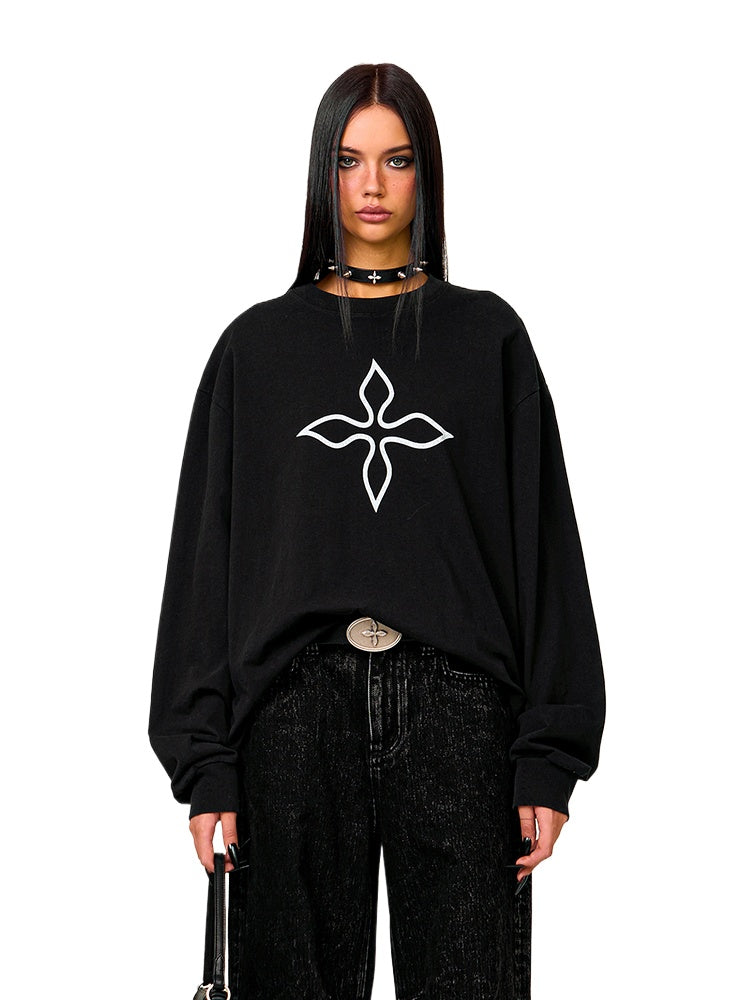 Black Print Loose-Fit Pullover Sweatshirt - CHINASQUAD