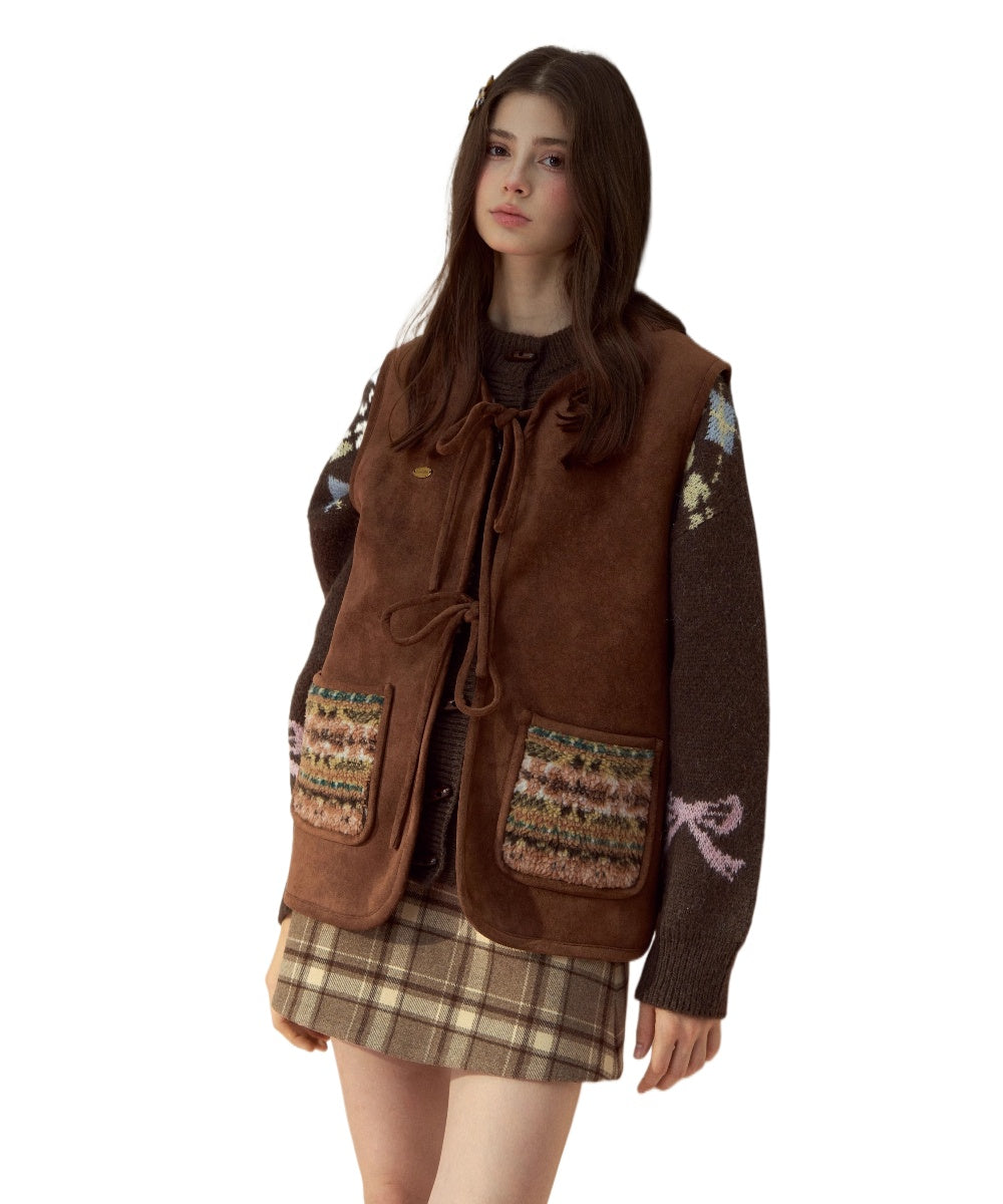Mocha Fair Isle Reversible Tie-Front Shearling Vest - CHINASQUAD