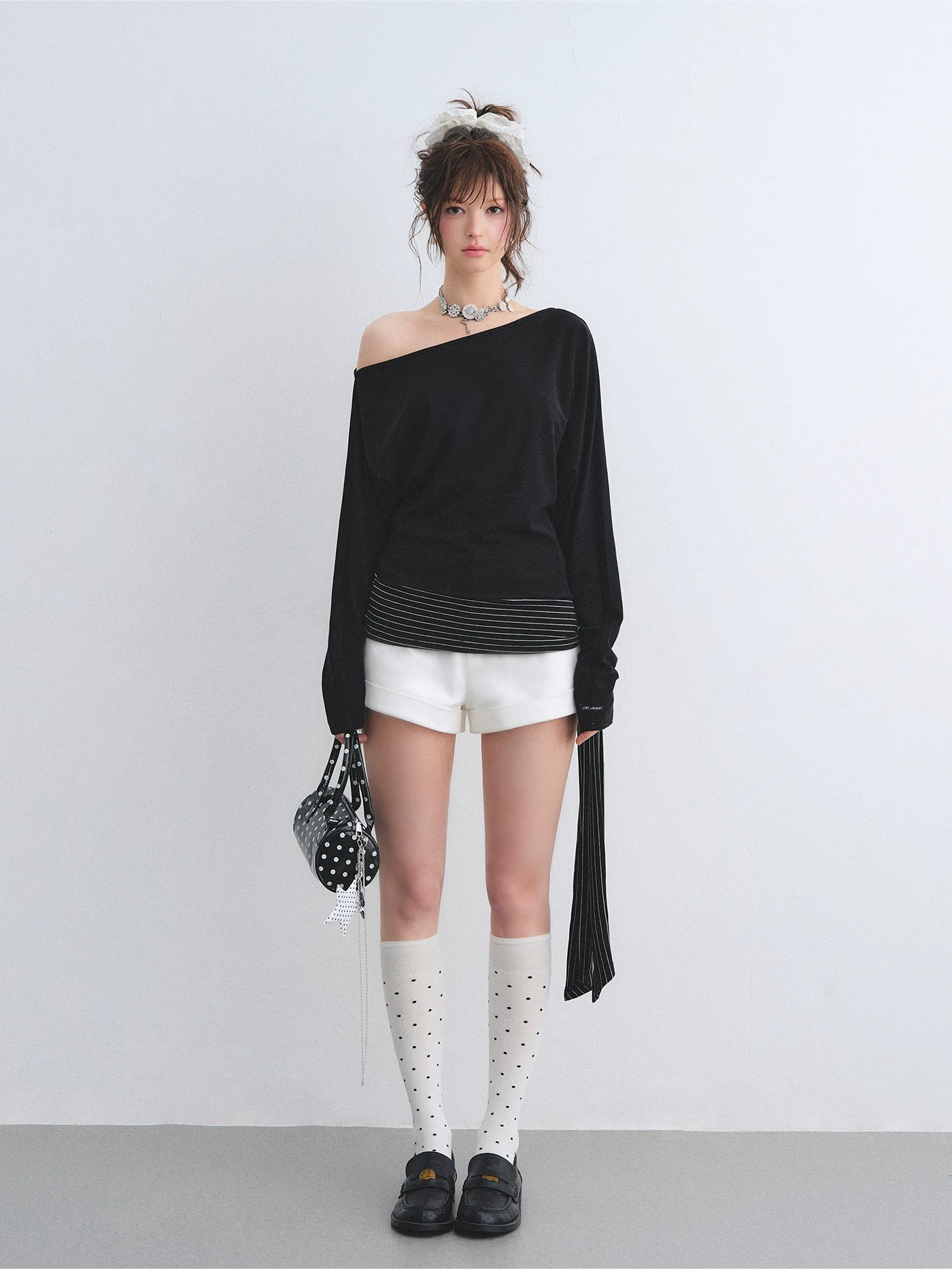 Asymmetric Batwing Sleeve Striped Tie-Hem Long Sleeve Top