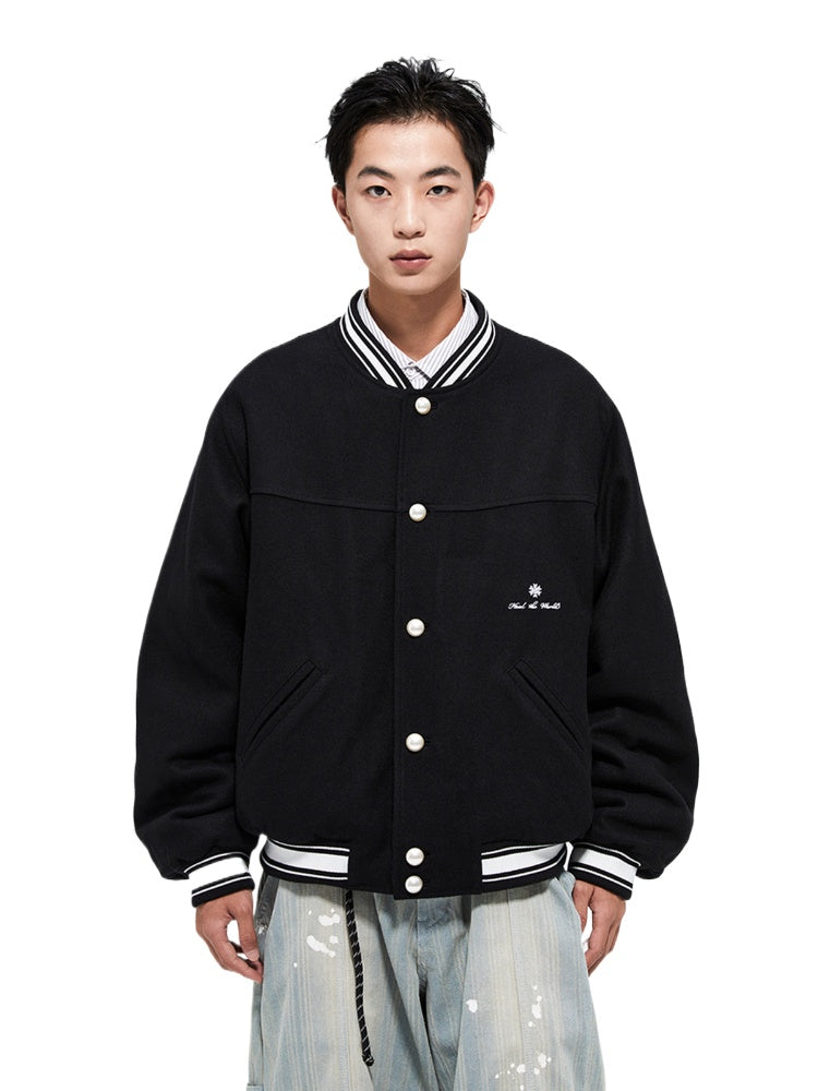 Black Vintage Heavy Wool Baseball Jacket - CHINASQUAD