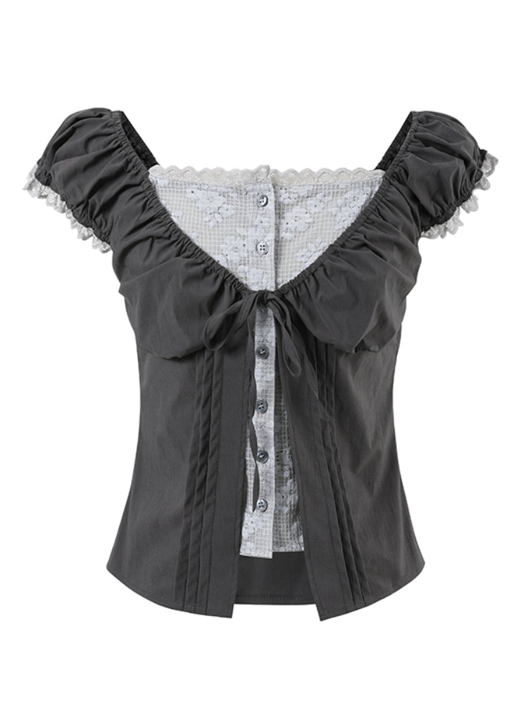 Fake Two-Piece Floral Lace Shirt Top - CHINASQUAD