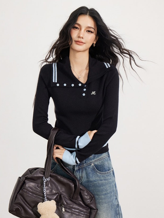 Sailor Collar Colorblock Knit V-neck - CHINASQUAD