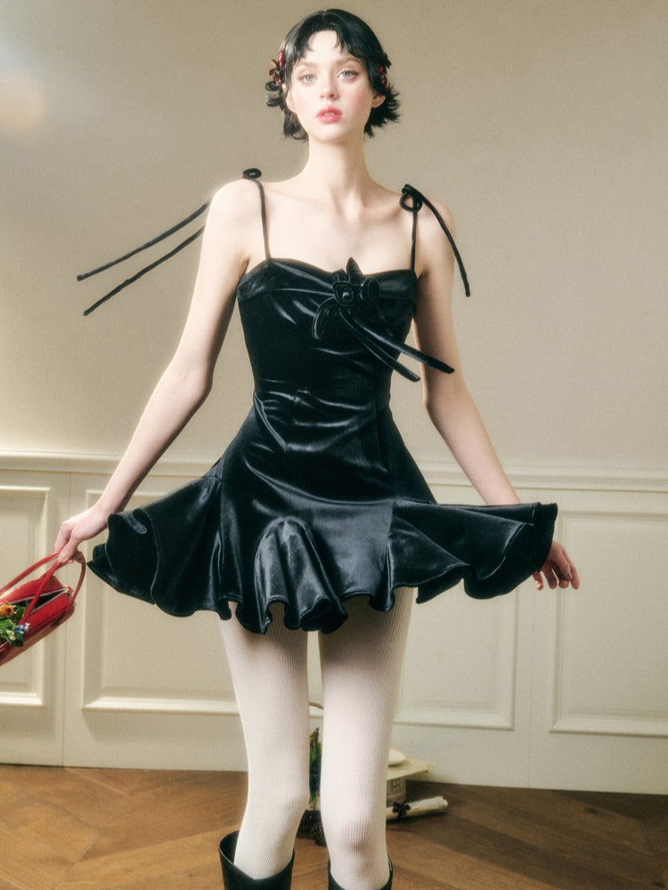 Classic Red Velvet Handcrafted Floral Velvet Dress - CHINASQUAD