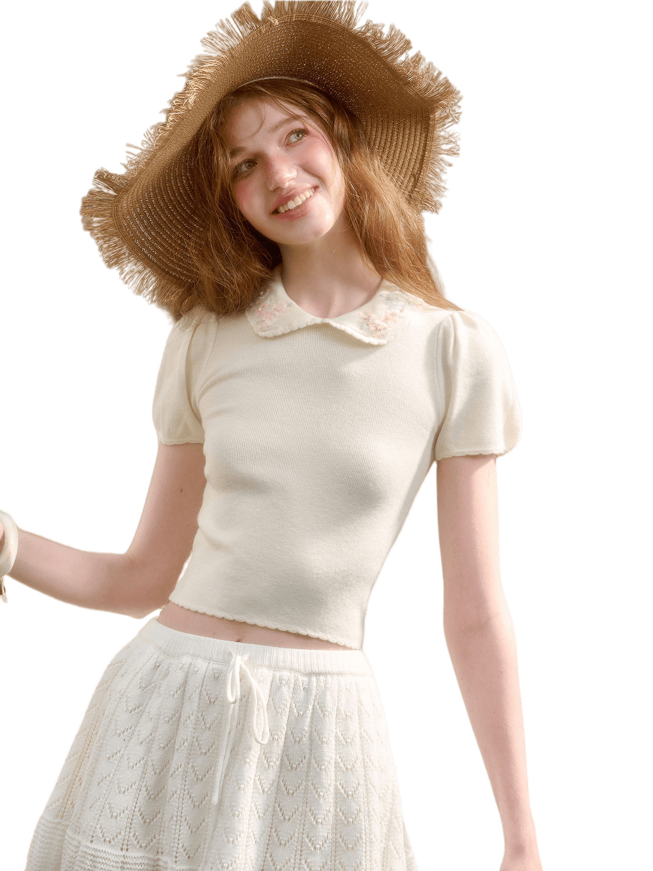 Frozen Flower Ribbon Embroidered Knit Top