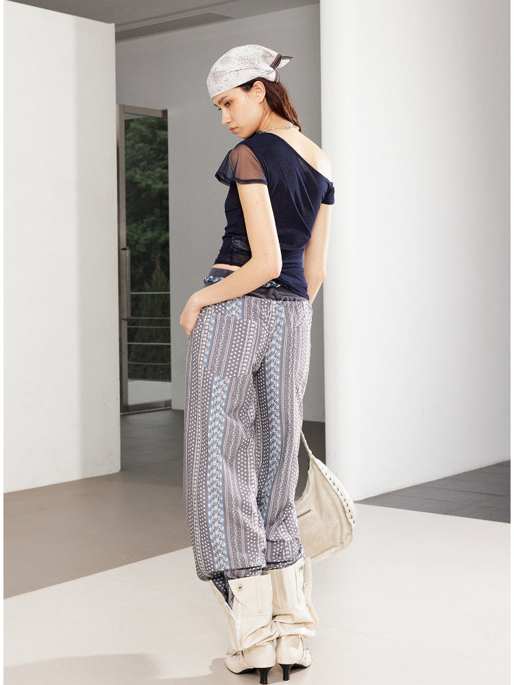 Printed Spliced Low-Waist Striped Wide-Leg Pants - CHINASQUAD