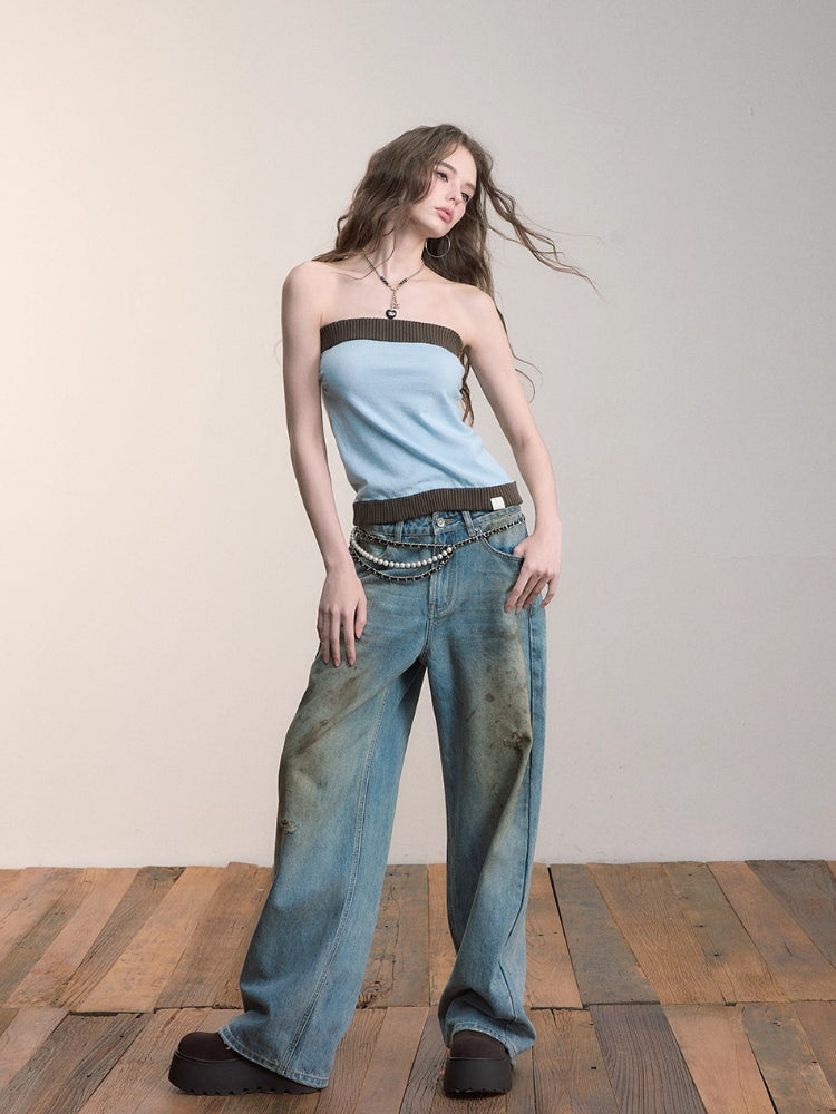 Contrast Knit Slim Wool Tube Top - CHINASQUAD