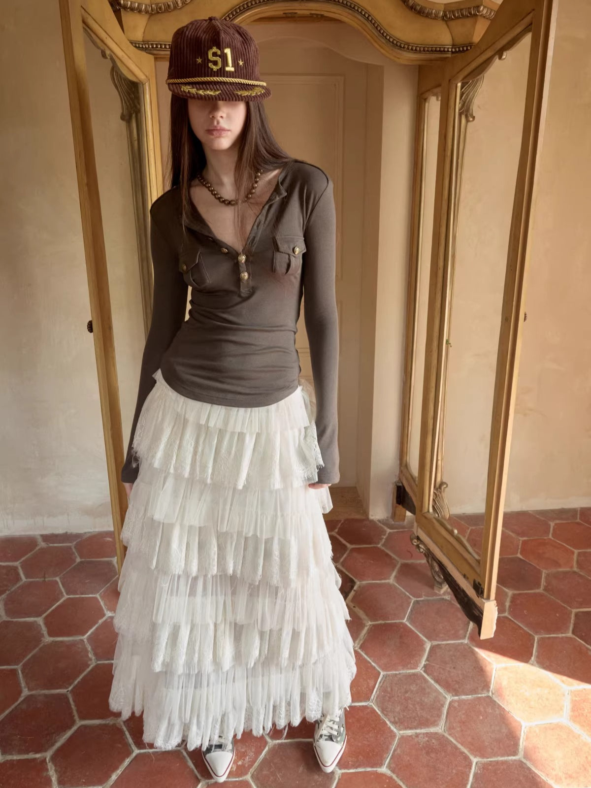 French Lace Layered Tulle Midi Skirt