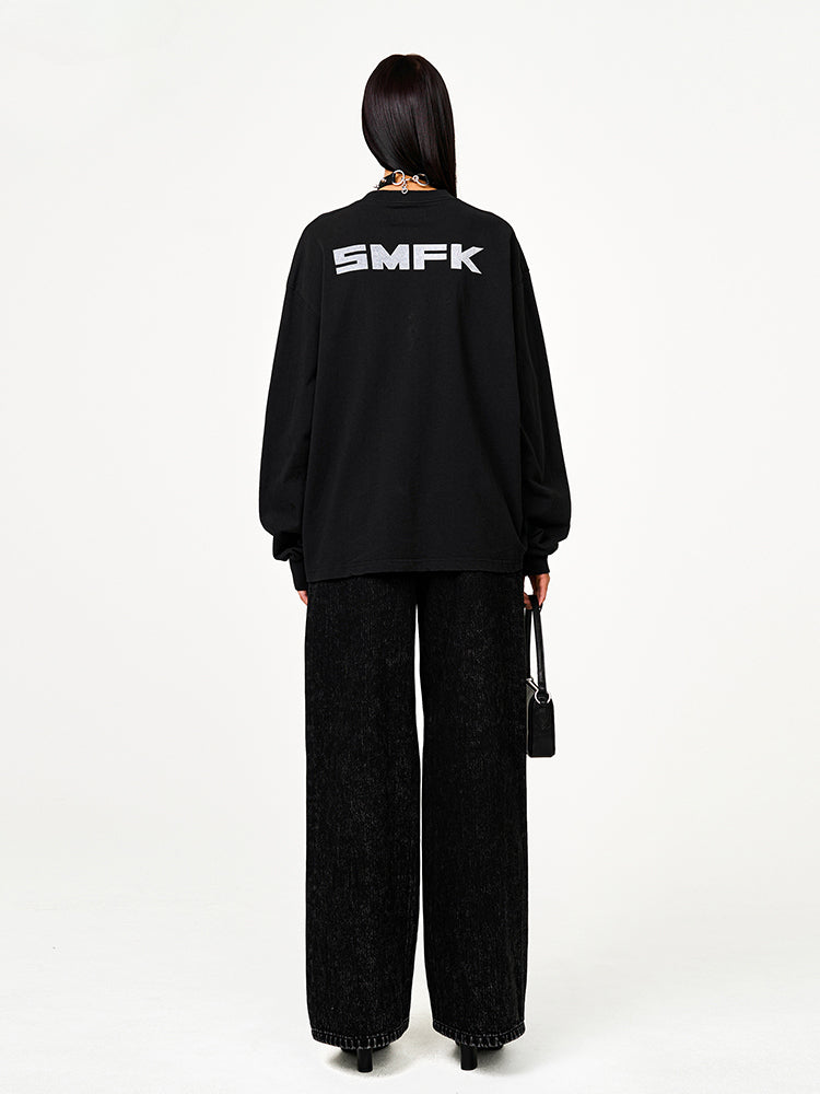 Black Print Loose-Fit Pullover Sweatshirt - CHINASQUAD