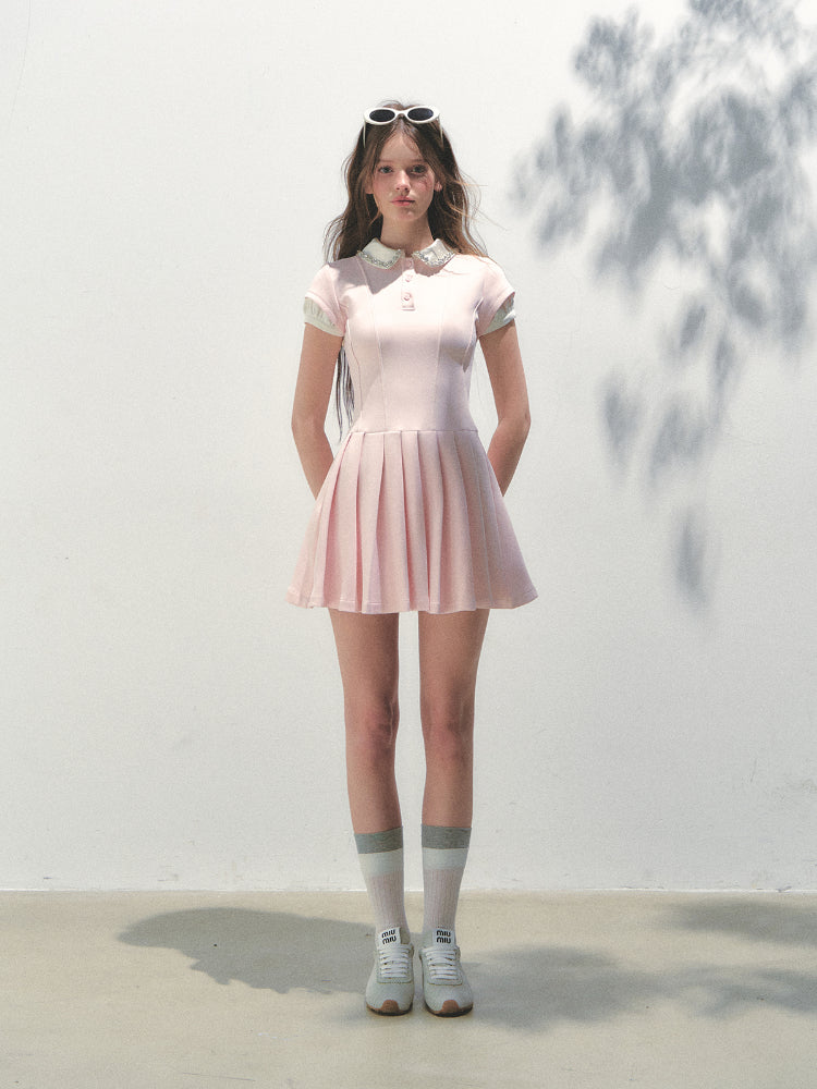 Polo Collar Rhinestone Pleated Dress - CHINASQUAD