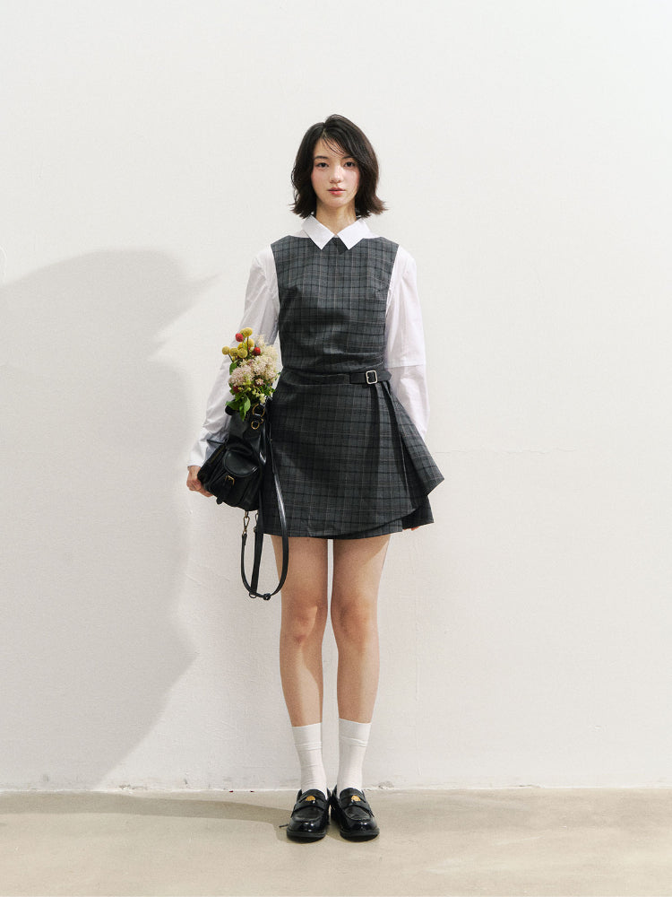 Fake Two-piece Checked Shirt Dress - CHINASQUAD