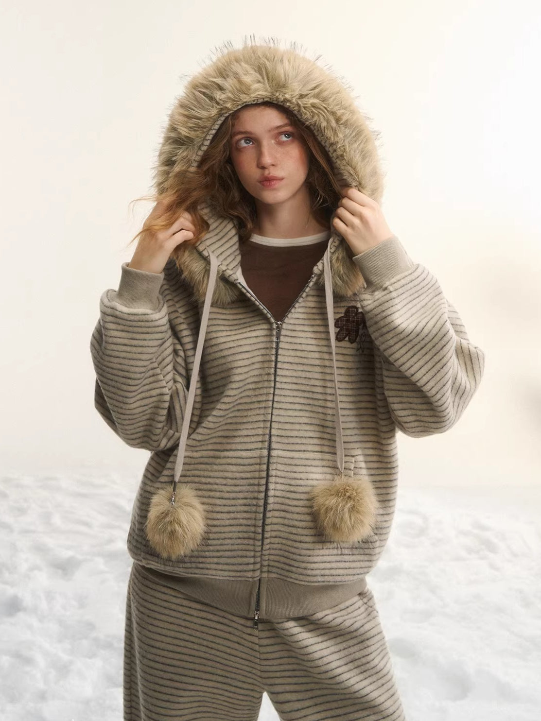 Plush Plaid Patchwork Jacket & Straight-Leg Pants Set