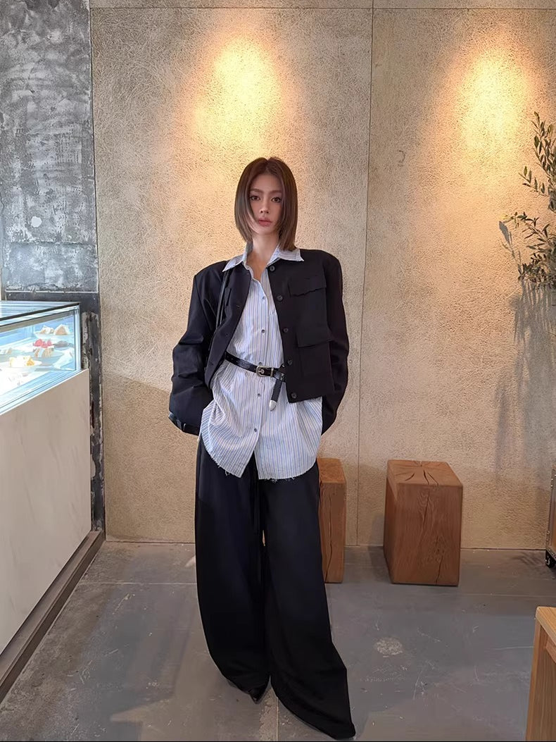 Washed Fringe-Edge Collarless Cropped Blazer