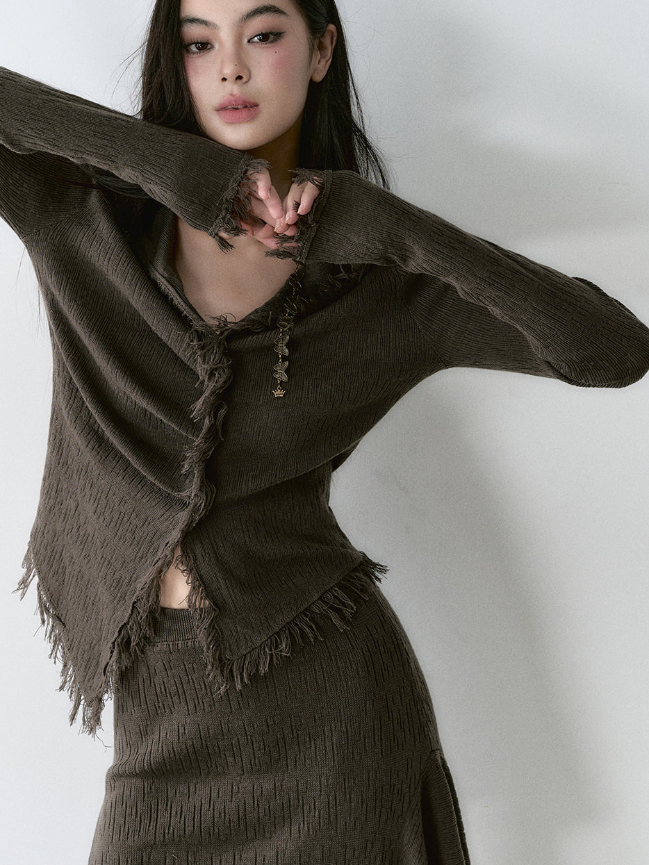 Frayed Hem Irregular Sweater Cardigan - CHINASQUAD