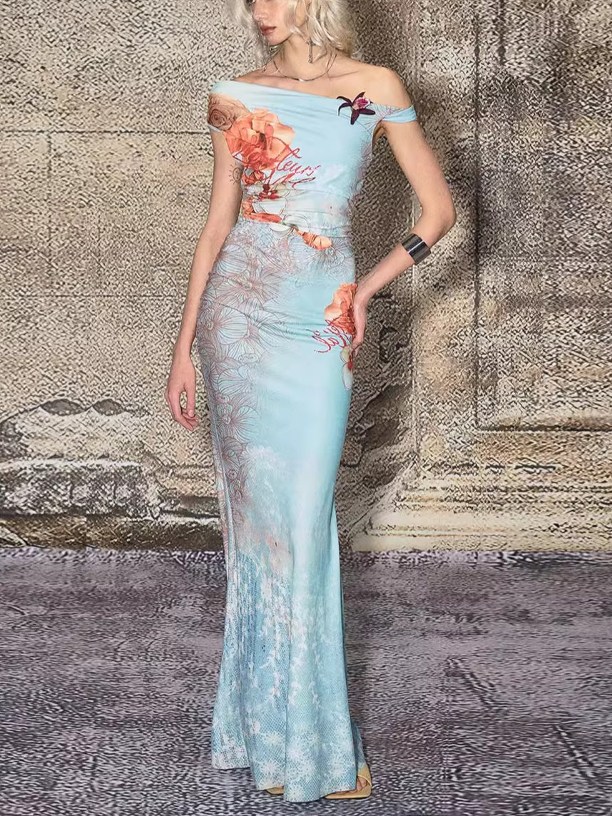 Off-Shoulder Printed Fitted Mermaid Maxi Dress