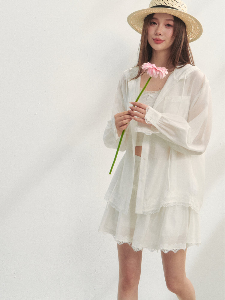 White Lace Panel Hooded Coat & Skirt Set - CHINASQUAD