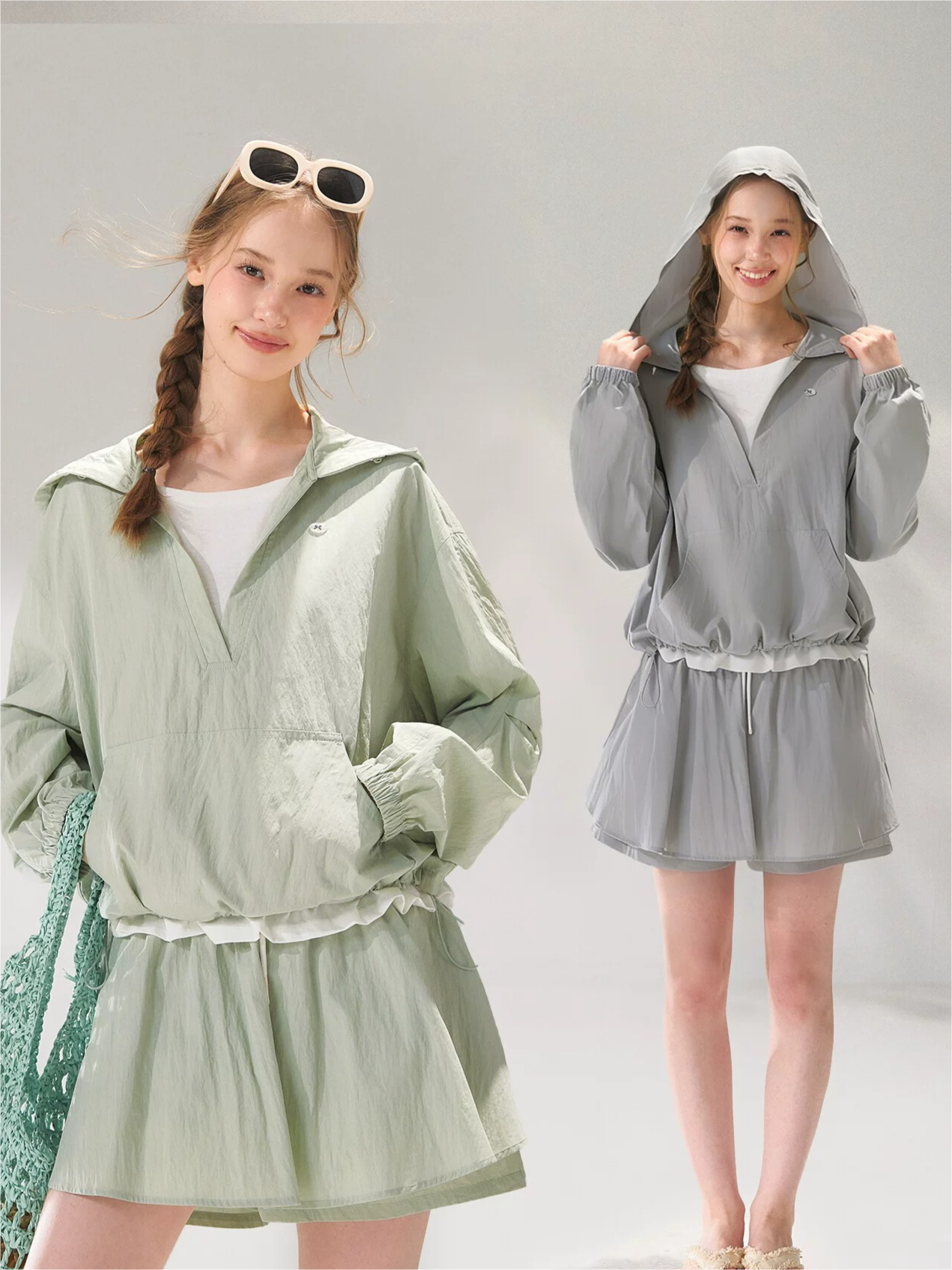 Hooded Drawstring Sun-Protective Jacket & A-Line Skirt Set