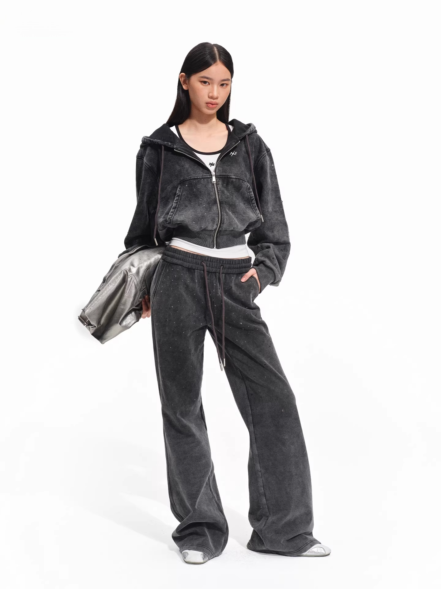 Crystal-Embellished Vintage Wash Cotton Straight-Leg Trousers