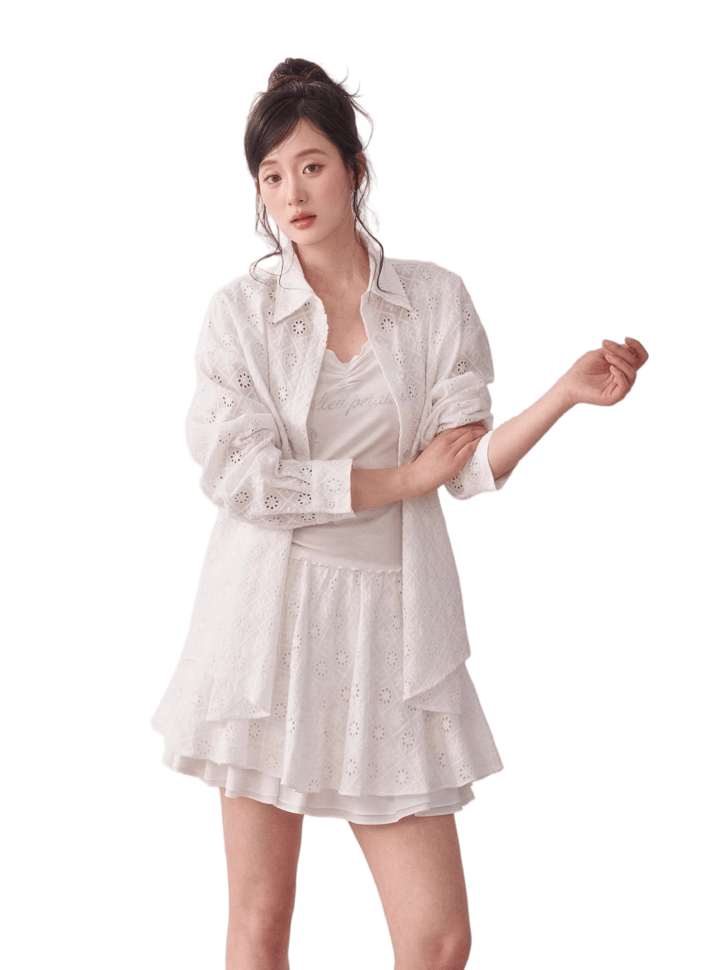 Lace Cutout Shirt & Pleated Skirt Set