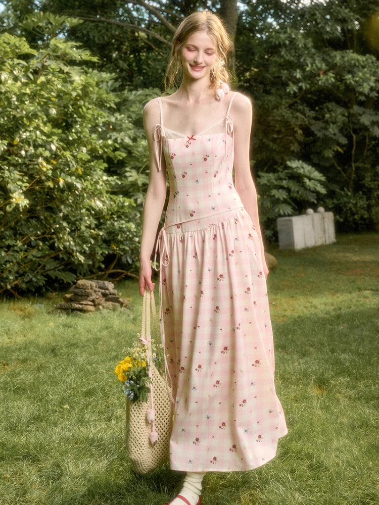 Pink Check Hand-Painted Print Dress - CHINASQUAD