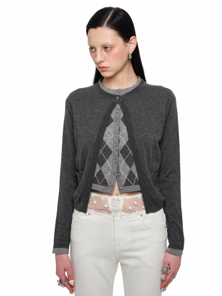 Diamond Pattern Fake Two-Piece Cardigan & Pant Set - CHINASQUAD