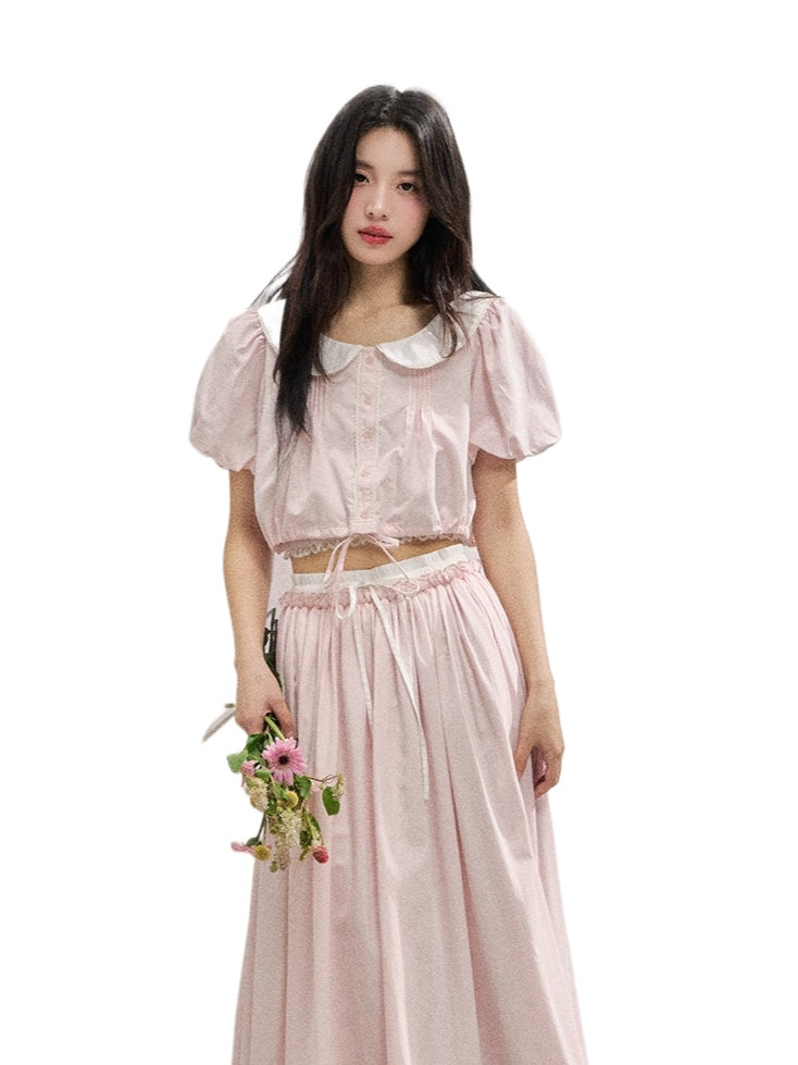 Pink Doll Collar Cropped Shirt & Skirt Set - CHINASQUAD
