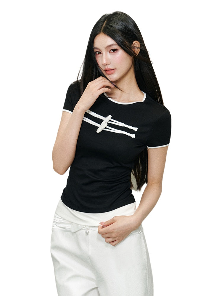 Horn Button Color-block Shoulder Short Sleeve - CHINASQUAD