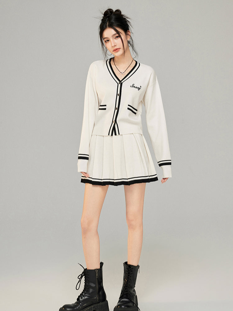 Contrast Color Knit V-neck Cardigan Set - CHINASQUAD