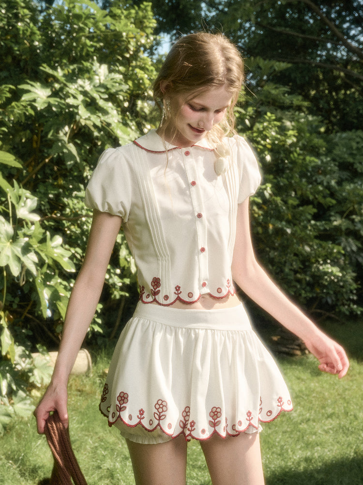 Lace Embroidery Airy Shirt & Skirt Set - CHINASQUAD