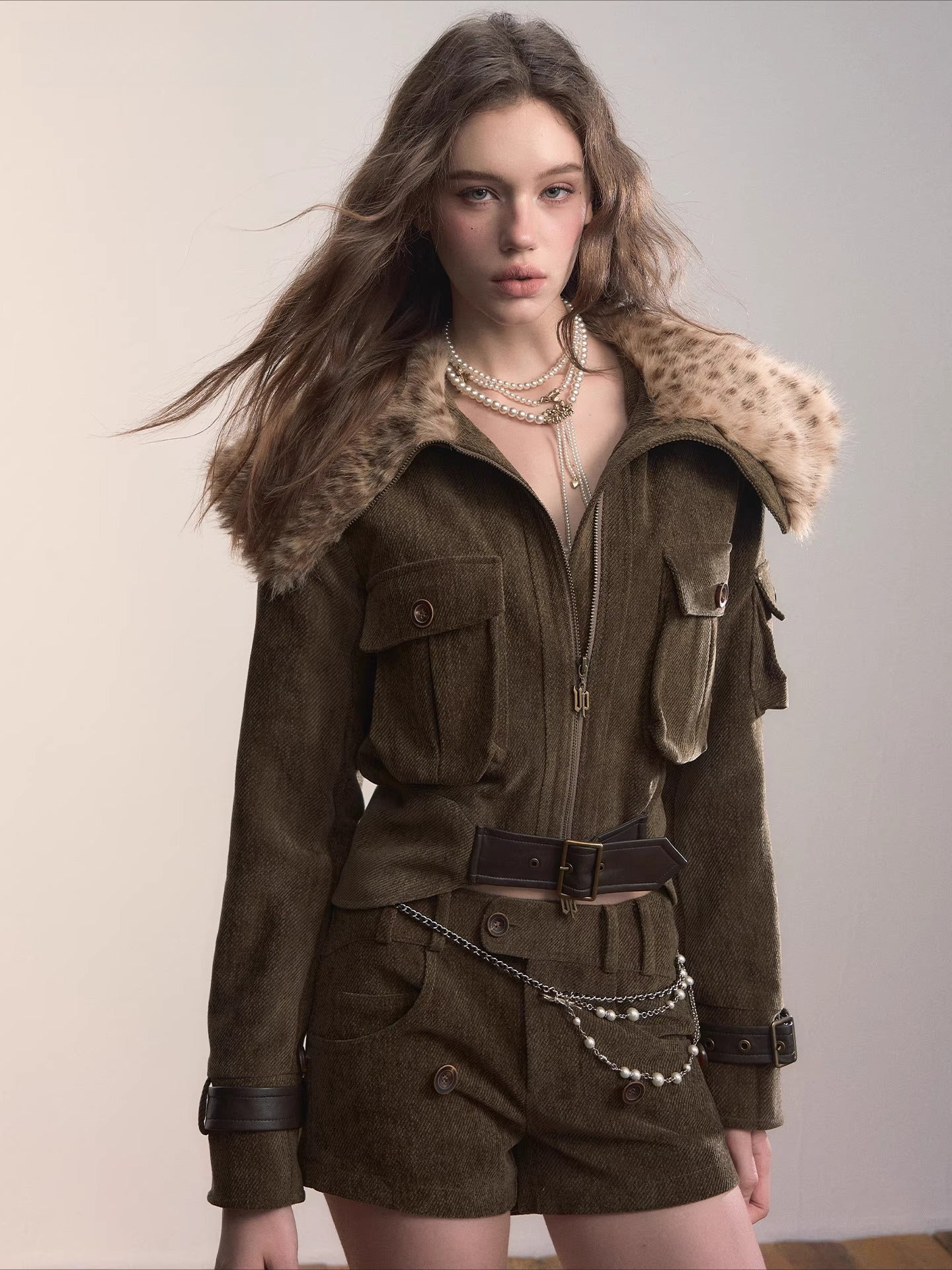 Leopard Faux Fur Collar Belted Puffer Jacket
