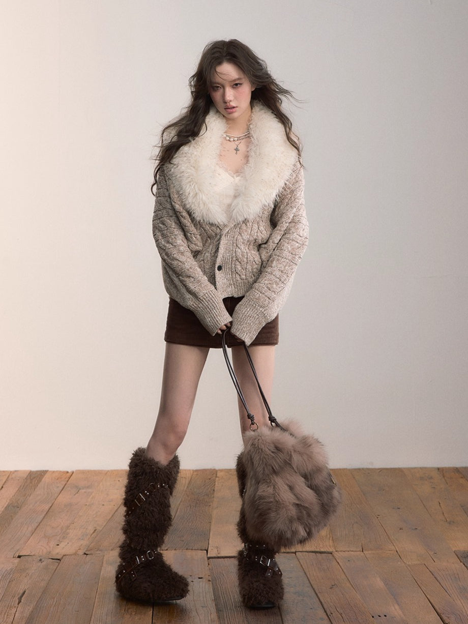 Detachable Faux Fur Collar Knit Cardigan - CHINASQUAD