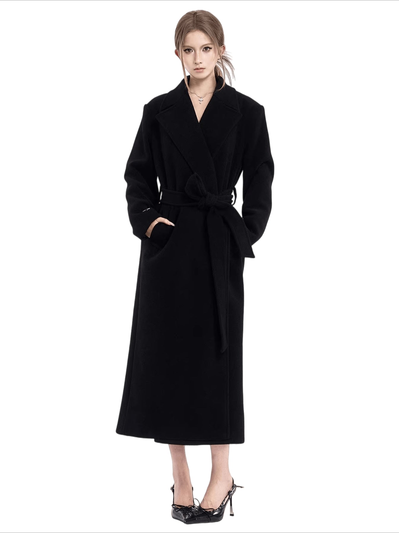 Padded-Shoulder Wool-Blend Long Coat