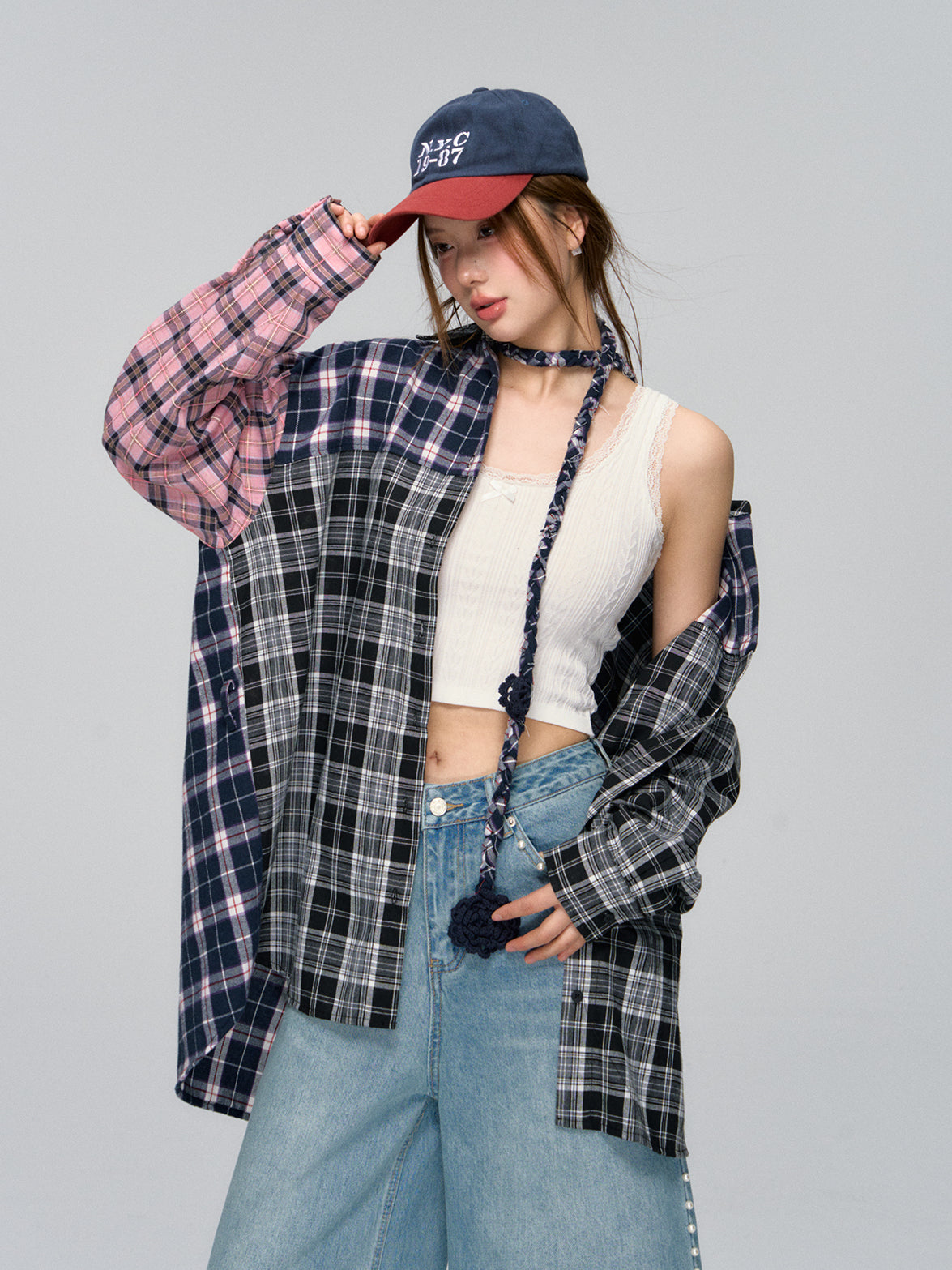 Black Patchwork Plaid Shirt - CHINASQUAD