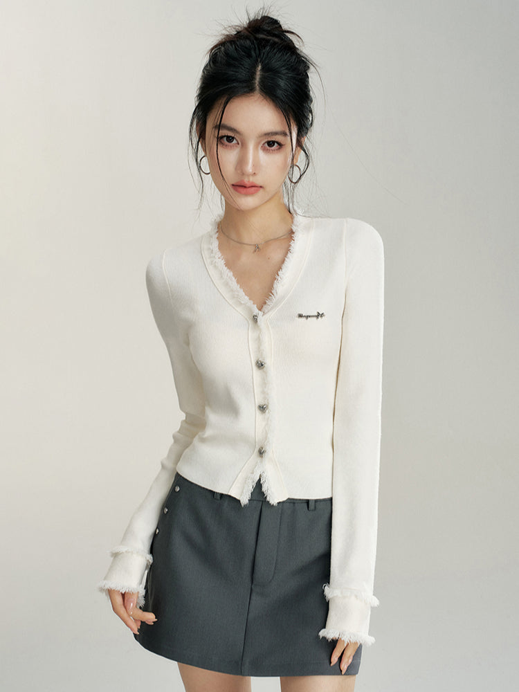 V-neck Frayed Knit Top - CHINASQUAD