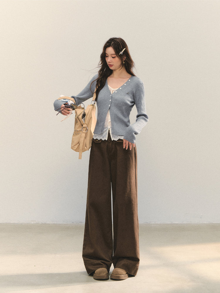 Lace Tie Fake Two-Piece Knitted Cardigan - CHINASQUAD