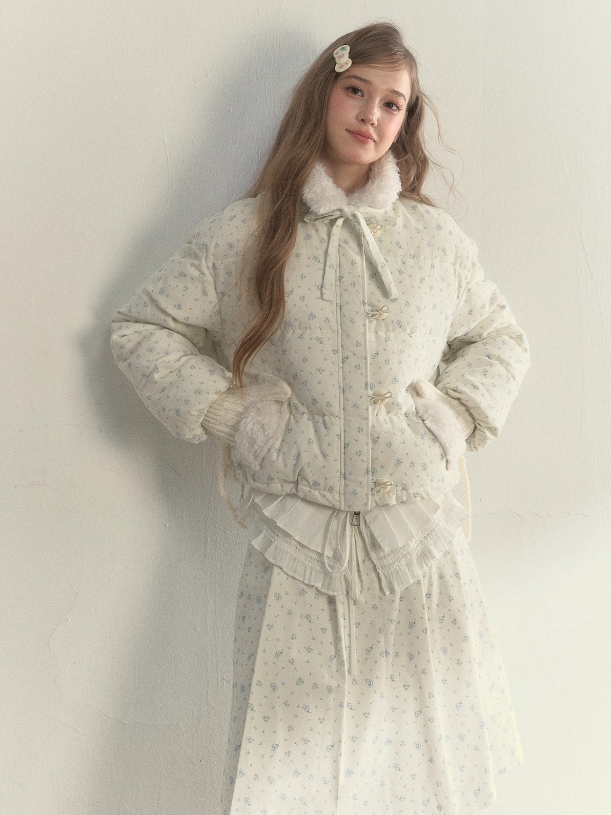 Floral Corduroy Puffer Jacket & Pleated Skirt Set