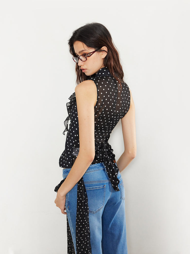 Lace Love Embroidery Polka Dot V-Neck Tank Top - CHINASQUAD