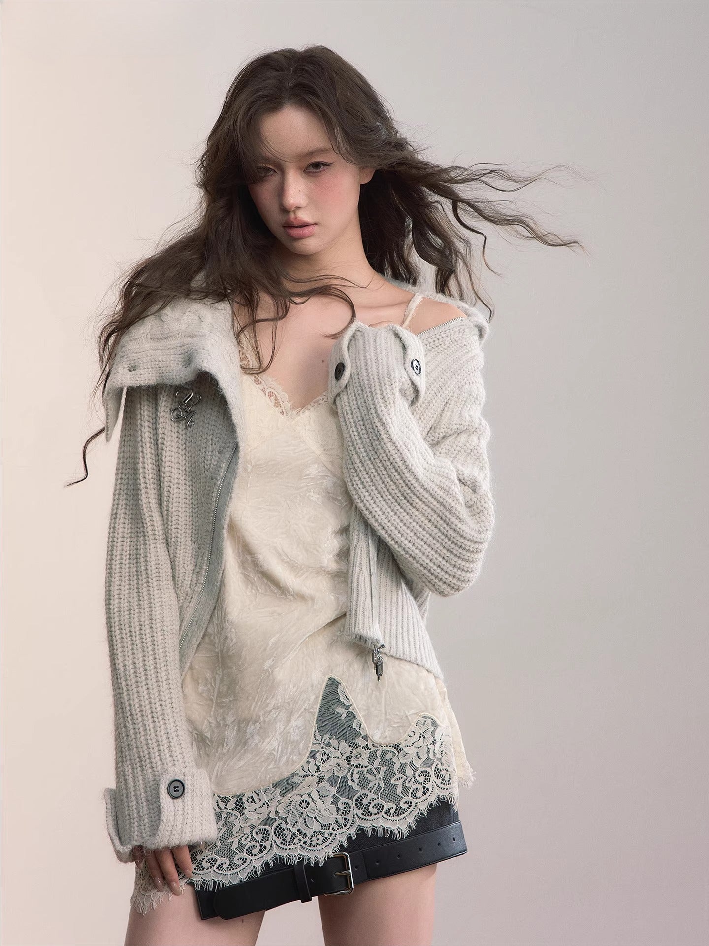 Oversized Lapel Asymmetrical Zip Knit Cardigan - CHINASQUAD