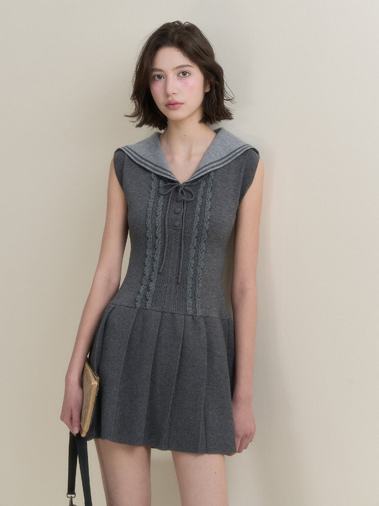 Navy Collar Lace Knit Dress - CHINASQUAD