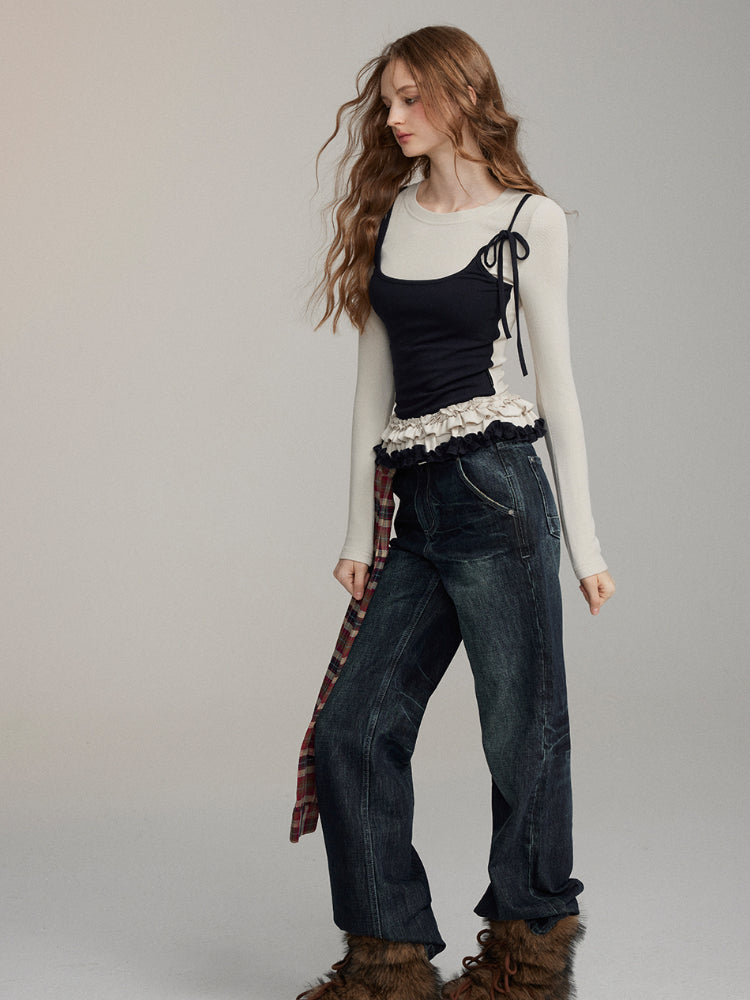 Fake Two-Piece Lace Trimmed Blouse - CHINASQUAD