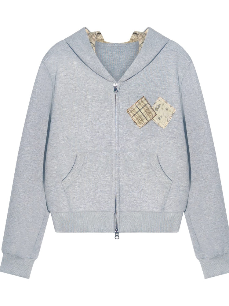 Plaid Appliqué Embroidery Zip-up Hoodie