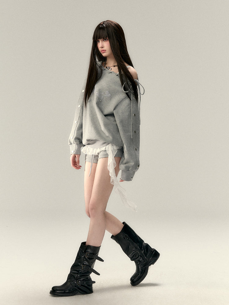 Button-Off-Shoulder Sweatshirt - CHINASQUAD