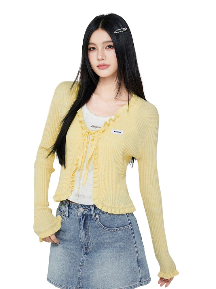 V - neck Ruffled Tie - front Knit Cardigan - CHINASQUAD