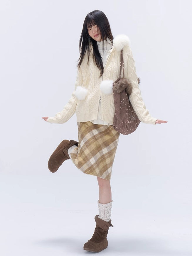 Yellow Plaid Wool-Blend Midi Skirt