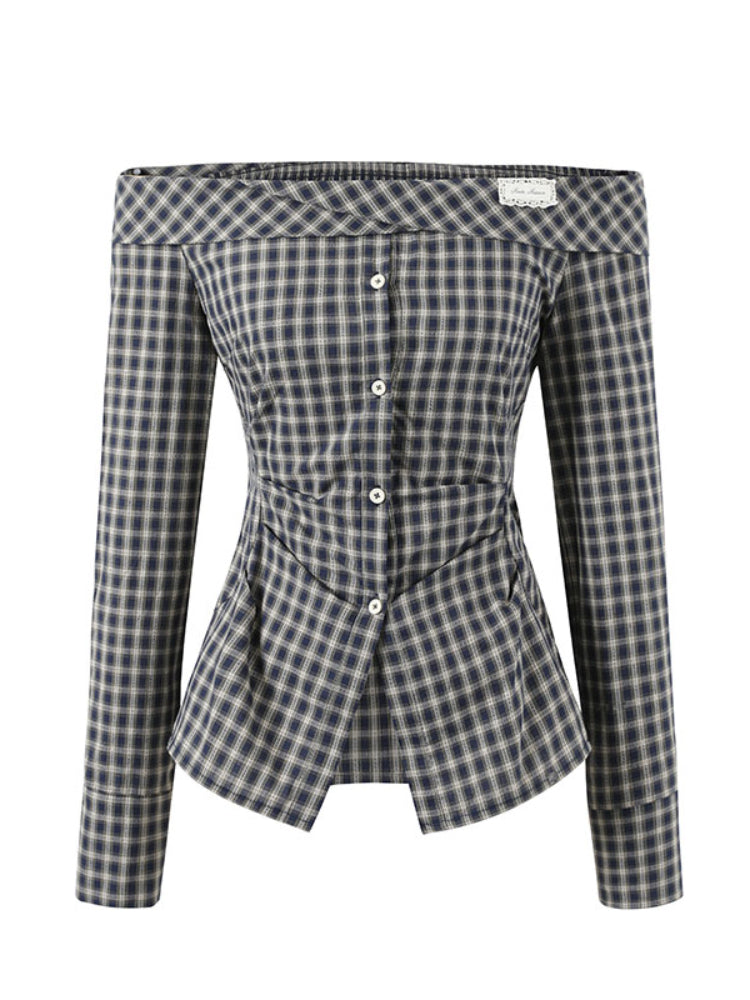 One-Shoulder Waist-Cinching Checked Shirt - CHINASQUAD