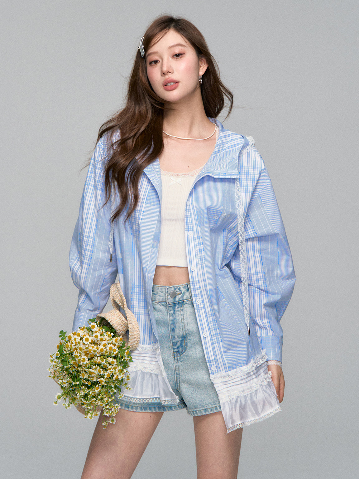 Plaid Lace-Trimmed Hooded Shirt Jacket