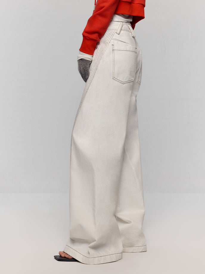 White Jeans Clear Stitching Wide-Leg Pants Jeans - CHINASQUAD