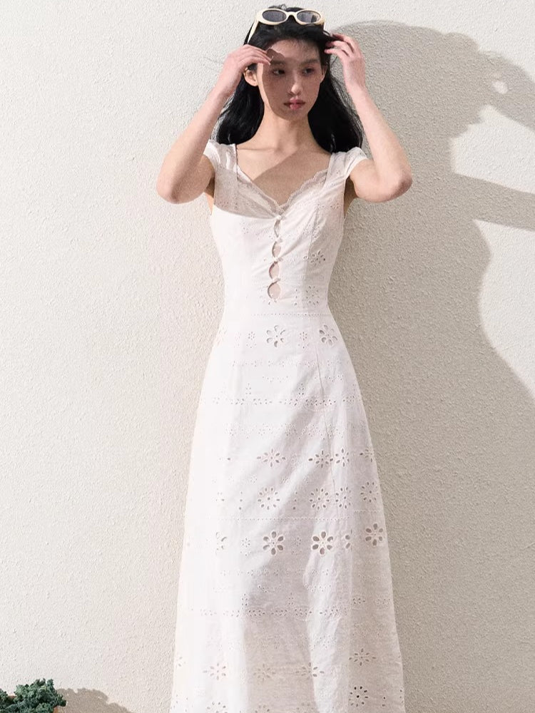 Cream White Lace-Panel Slim Fit Textured Dress