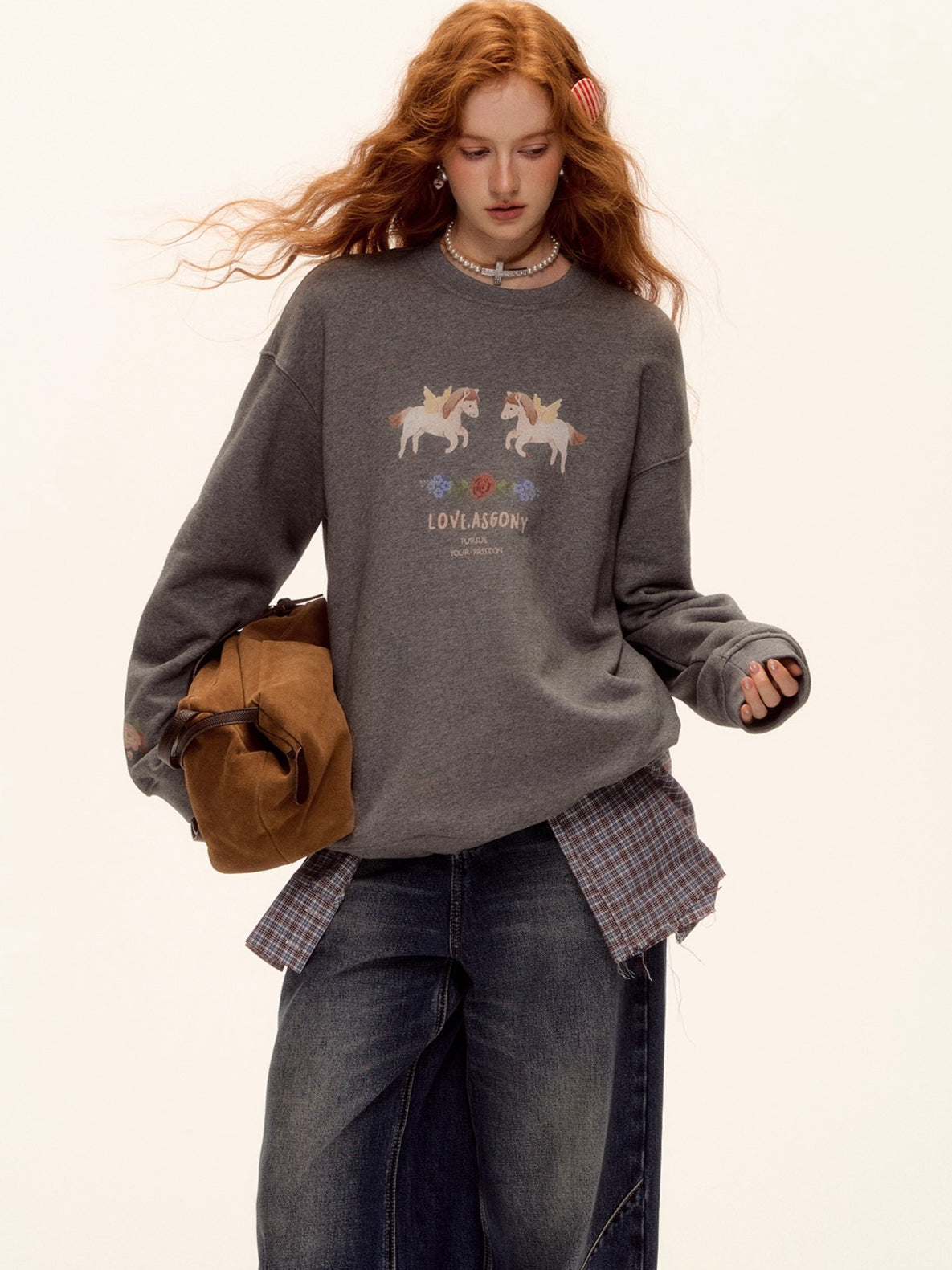 Floral Pony Print Fleece-Lined Pullover Sweatshirt