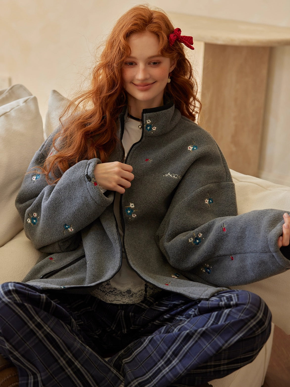 Floral Embroidered Plaid Fleece Oversized Jacket